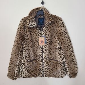 Go Coco Womens L Leopard‎ Animal Print Faux 100% Vegan Fur Jacket Zip Up NWT